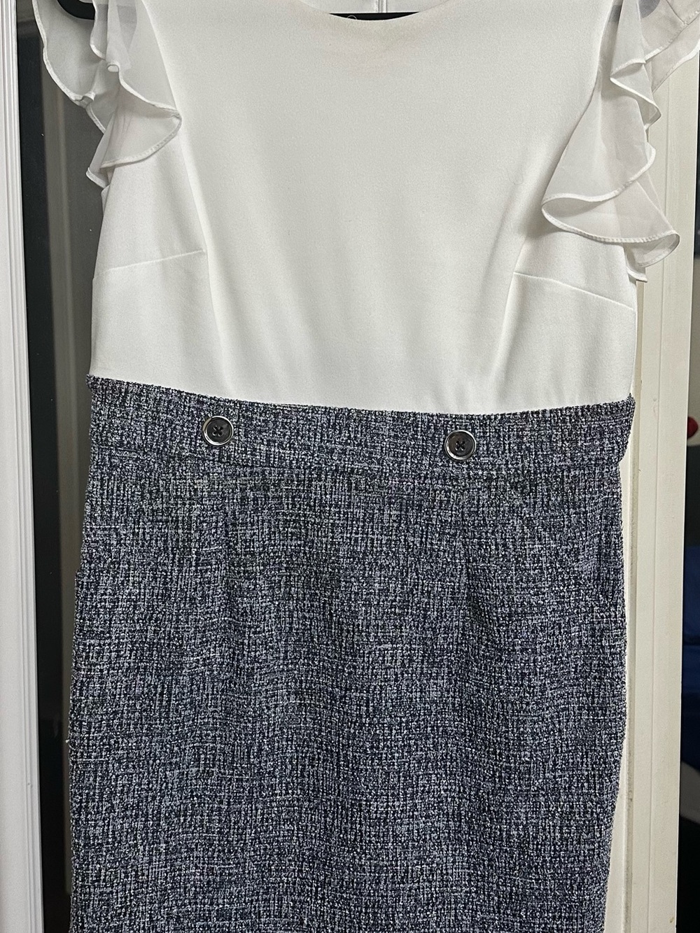 Shelby & Palmer White and Navy Textured Pencil Dress